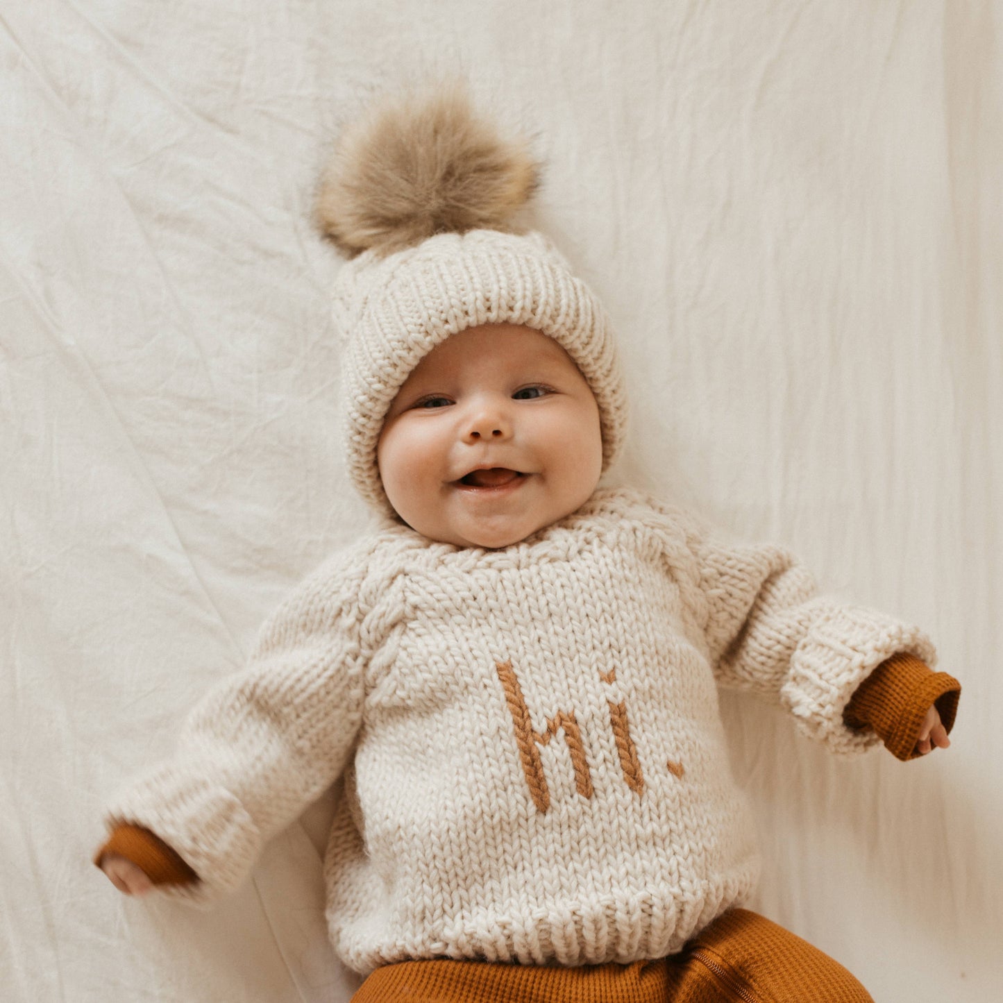 Natural Pop Pom Pom Beanie Hat for Babies thru Adults