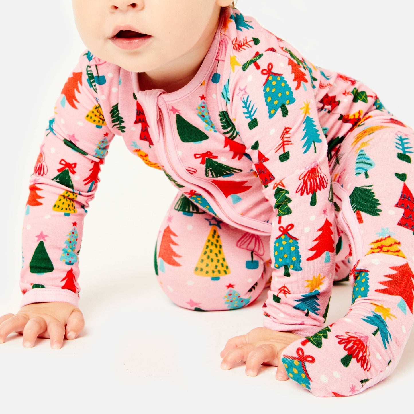 Soft & Stretchy Zipper Footie - Christmas Trees Pink