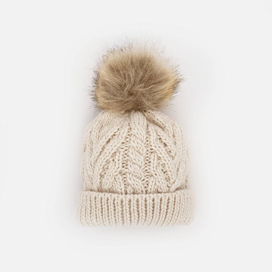 Natural Pop Pom Pom Beanie Hat for Babies thru Adults