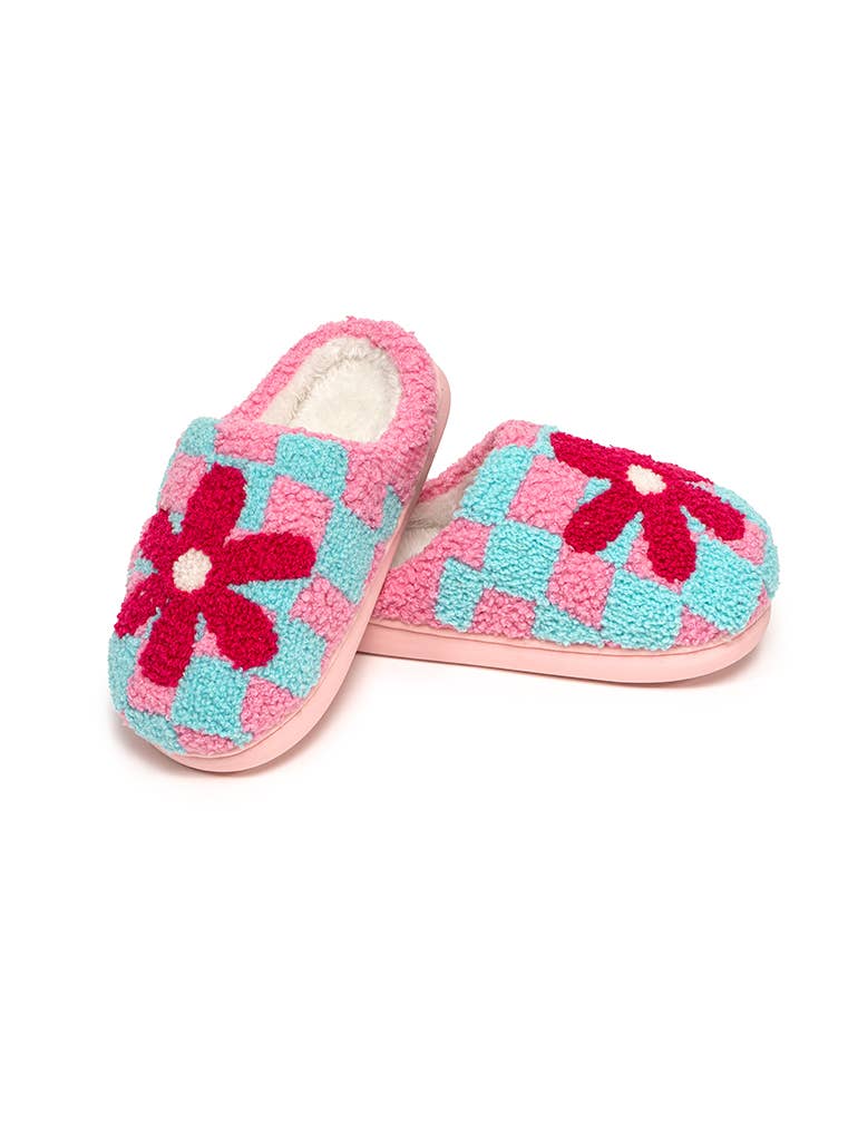 Indoor / Outdoor Slippers - Kids- Checker w/Red Flower -Pink