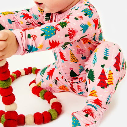 Soft & Stretchy Zipper Footie - Christmas Trees Pink