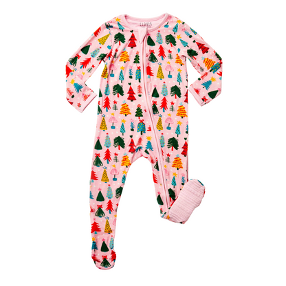 Soft & Stretchy Zipper Footie - Christmas Trees Pink