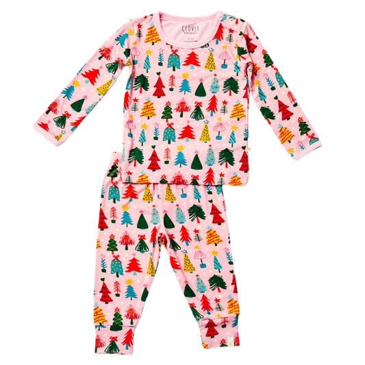 Long Sleeve Pajama Set - Christmas Trees Pink